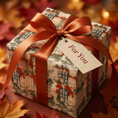 Vintage autumn village gift wrap by Wrapped Studios with a burnt orange satin bow and gift tag.