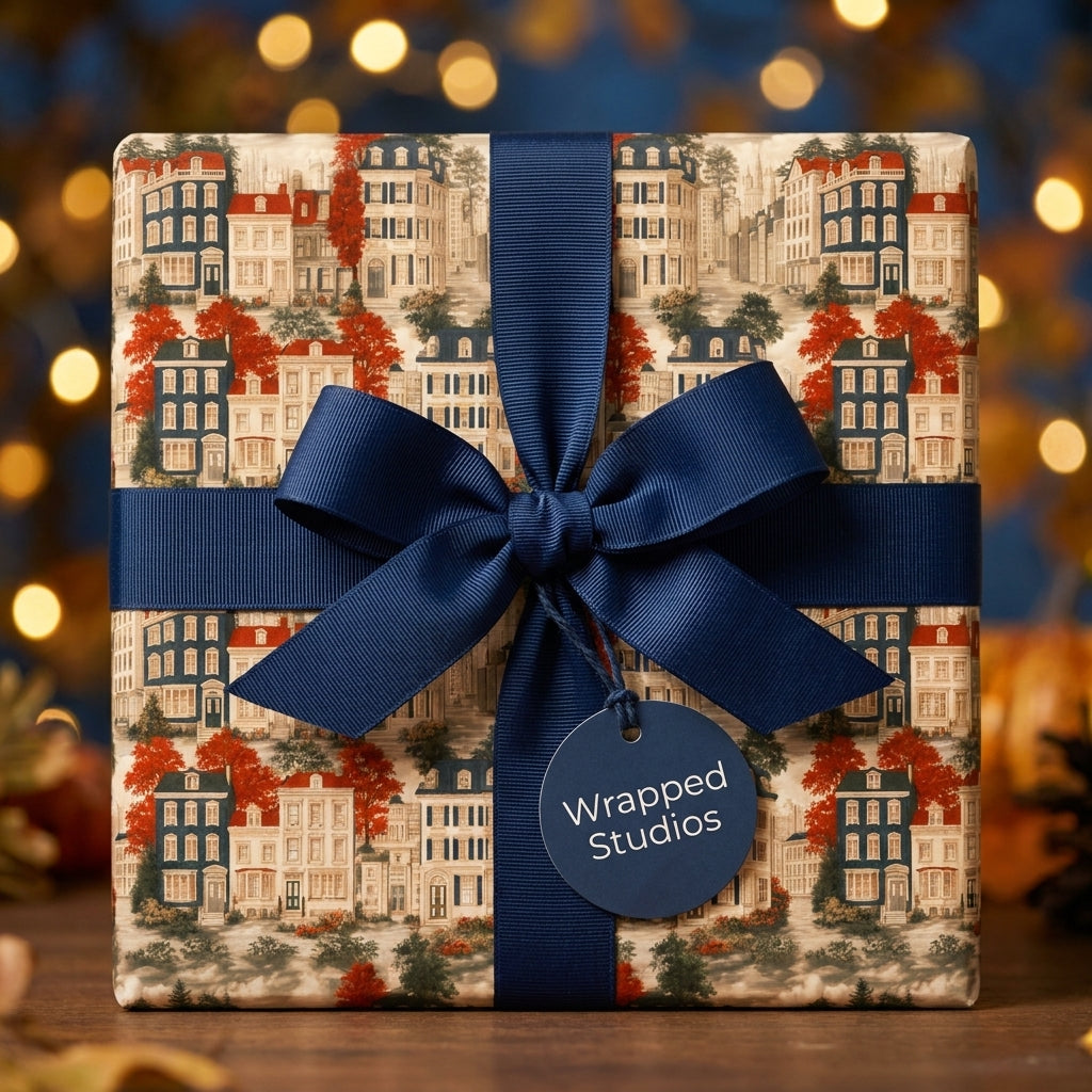 Luxury holiday wrapping paper in a vintage townhouse pattern with a navy bow, from Wrapped Studios.
