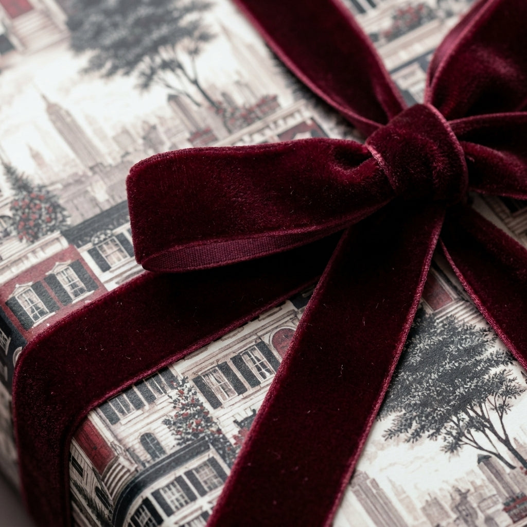 Luxury vintage New York Christmas wrapping paper with a burgundy velvet ribbon by Wrapped Studios.