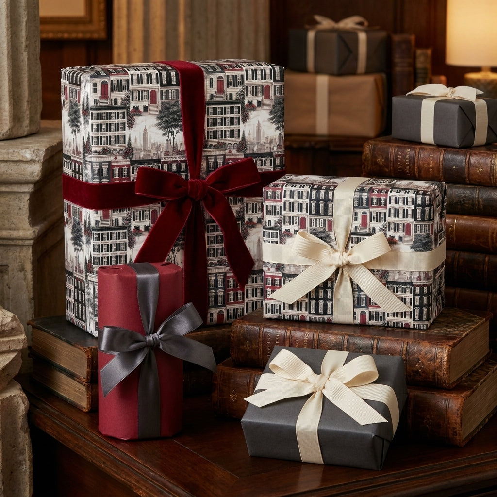 NYC townhouse Christmas wrapping paper with a red velvet bow, luxury holiday gift wrap by Wrapped Studios.