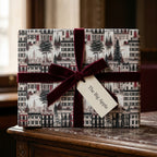 Luxury NYC brownstone holiday wrapping paper with burgundy velvet bow by Wrapped Studios.