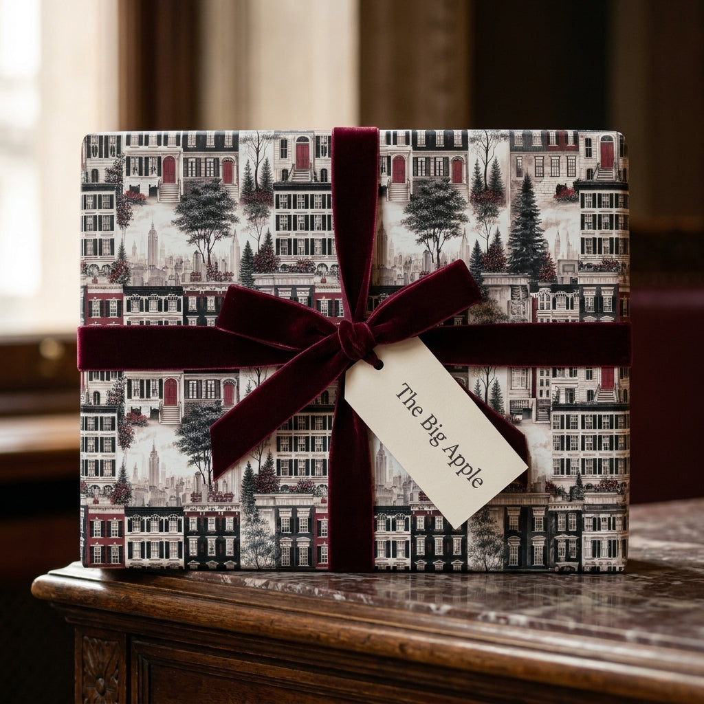Luxury NYC brownstone holiday wrapping paper with burgundy velvet bow by Wrapped Studios.