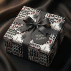 Luxury NYC townhouse Christmas wrapping paper with a grey bow by Wrapped Studios.