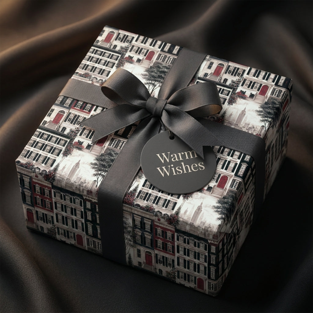 Luxury NYC townhouse Christmas wrapping paper with a grey bow by Wrapped Studios.