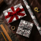 Luxury townhouse Christmas wrapping paper with a red velvet bow, by Wrapped Studios.