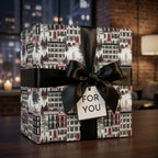 NYC vintage townhouse wrapping paper with black satin bow, luxury gift wrap by Wrapped Studios.