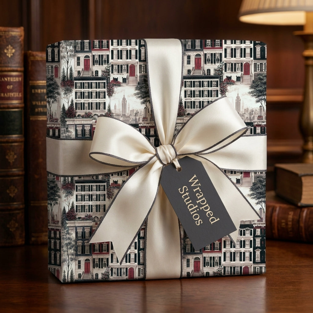Vintage townhouse wrapping paper with luxury cream satin ribbon on a gift box by Wrapped Studios.