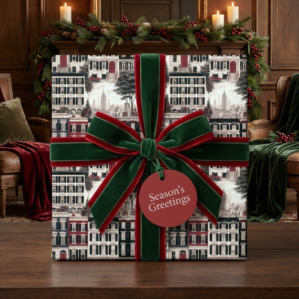 Holiday townhouse Christmas wrapping paper with elegant green velvet bow by Wrapped Studios.