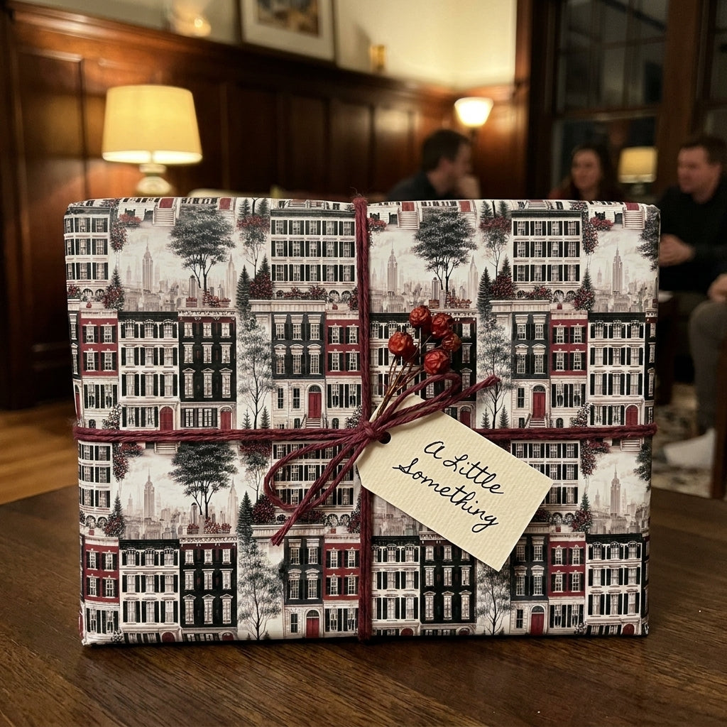 Vintage Christmas wrapping paper with NYC brownstone print, red twine, and tag by Wrapped Studios.