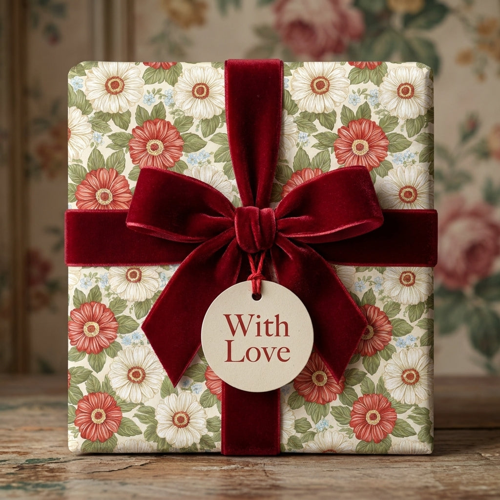 Luxury vintage floral wrapping paper by Wrapped Studios, with a red velvet bow and "With Love" tag.