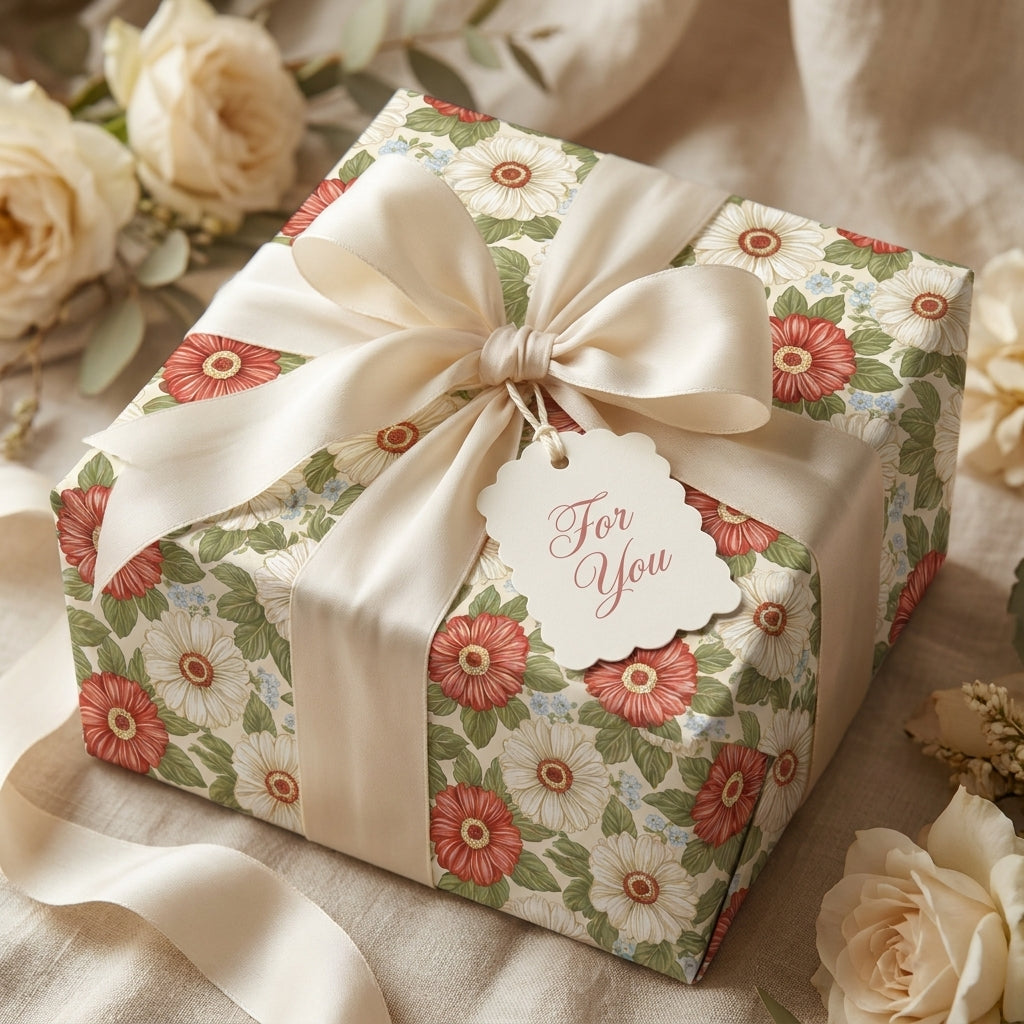 Elegant vintage floral wrapping paper with cream satin ribbon and tag by Wrapped Studios.