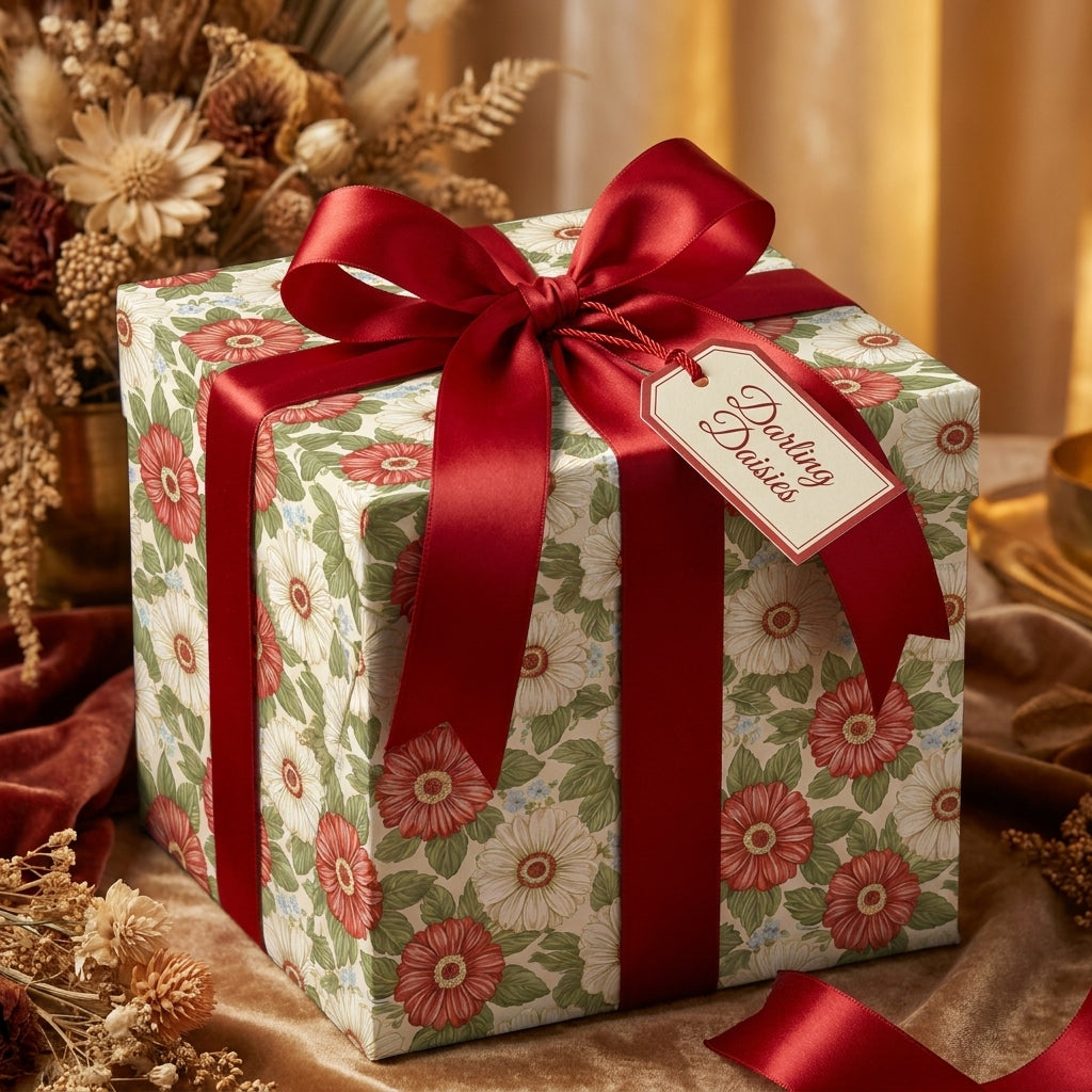 Vintage daisy floral wrapping paper with a red satin bow by Wrapped Studios.