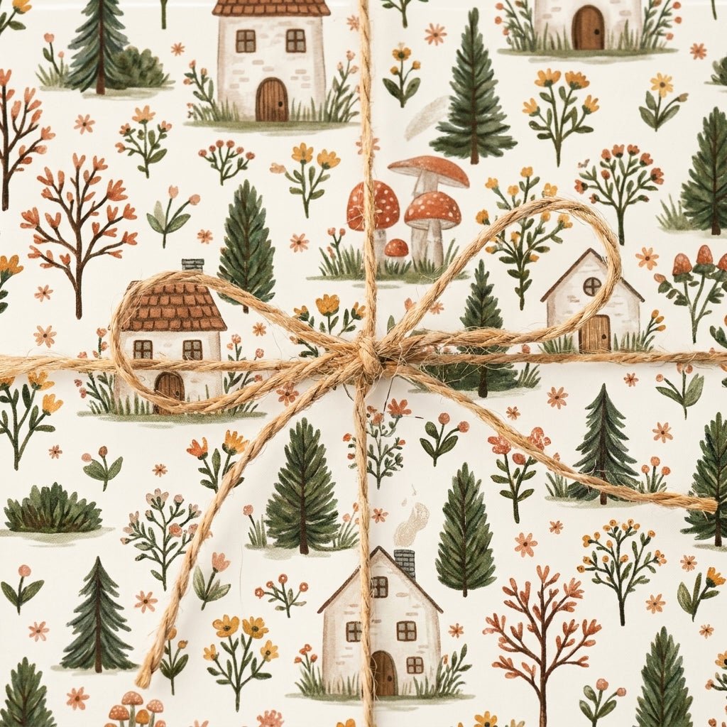 Woodland wrapping paper featuring whimsical houses and pine trees tied with rustic twine by Wrapped Studios.