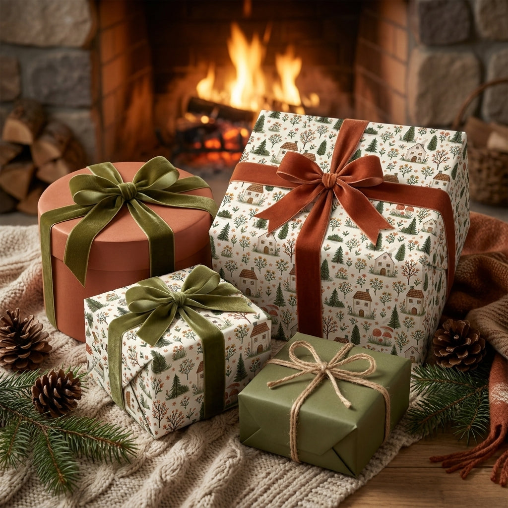Rustic Christmas wrapping paper with a winter village pattern and velvet bows by Wrapped Studios.