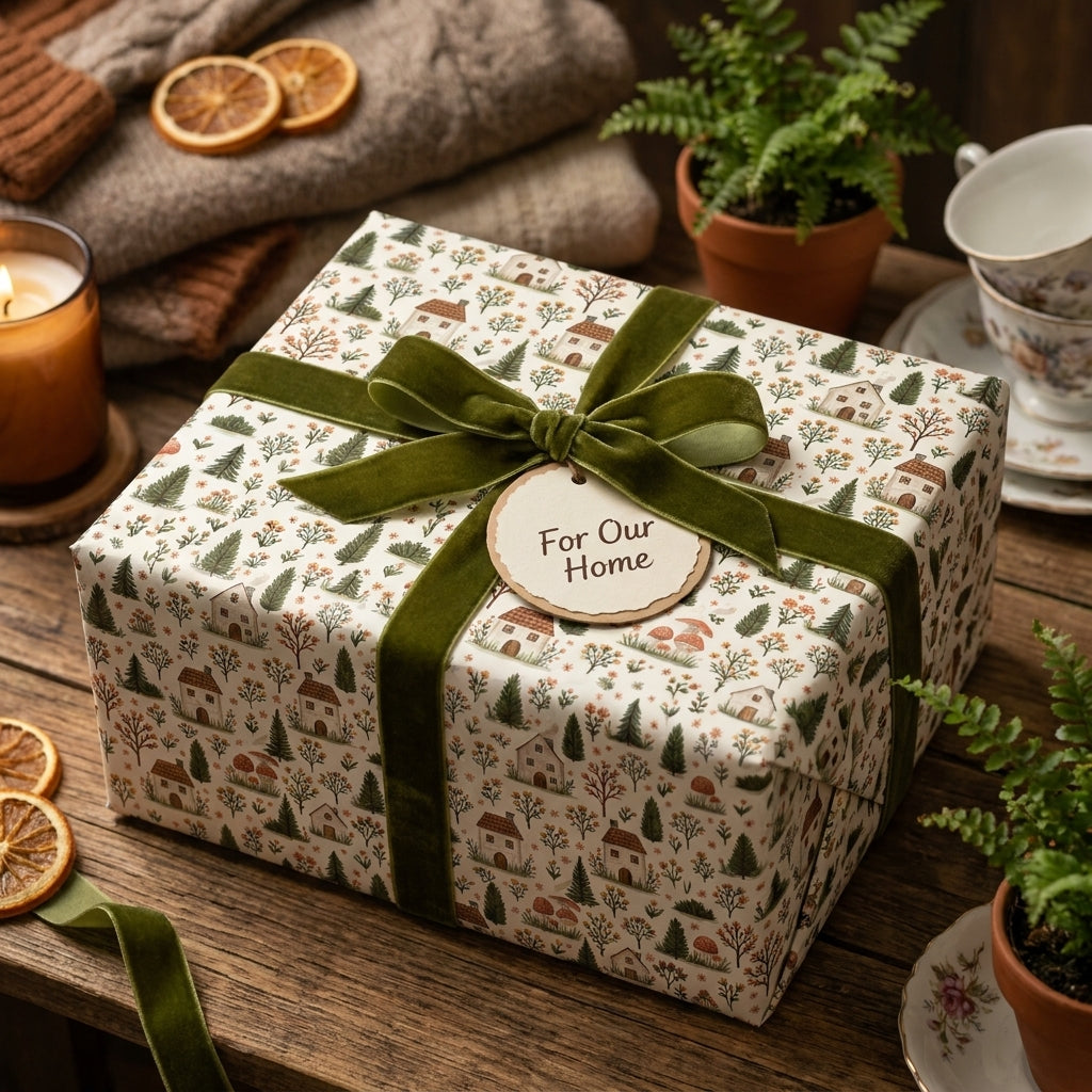 Woodland cottage wrapping paper with green velvet ribbon on rustic holiday gift box by Wrapped Studios.