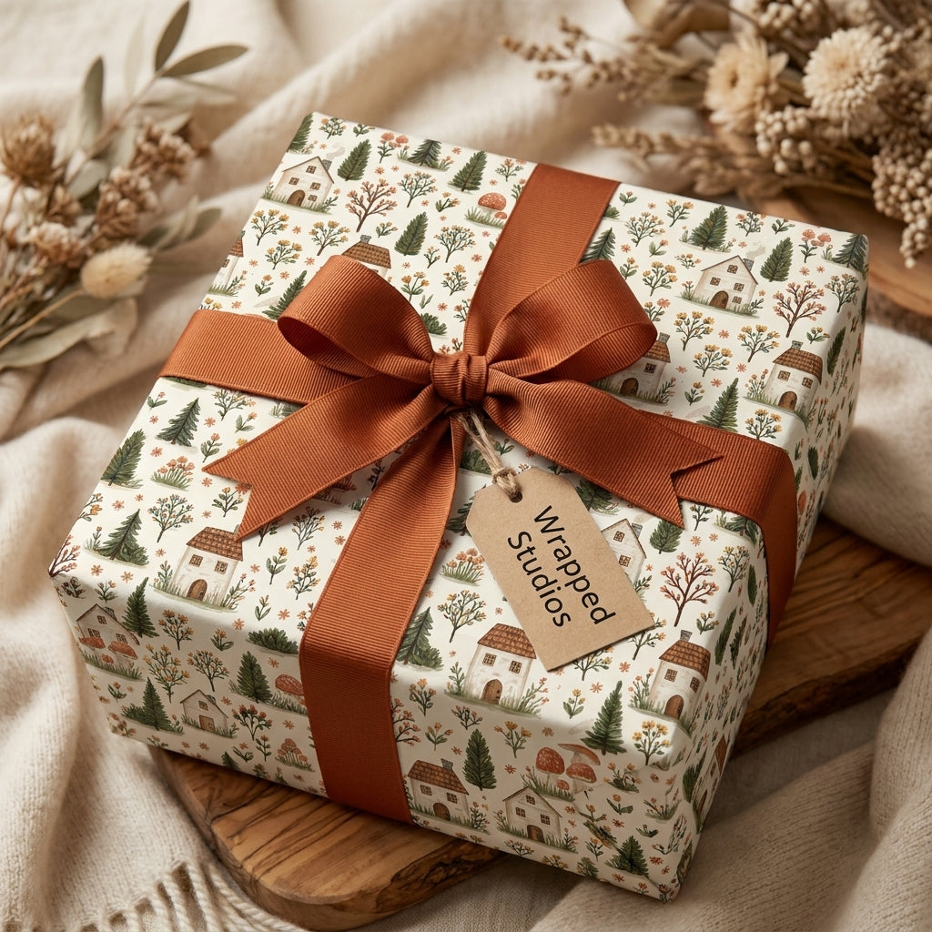 Rustic cottagecore holiday wrapping paper with a rust ribbon bow by Wrapped Studios.