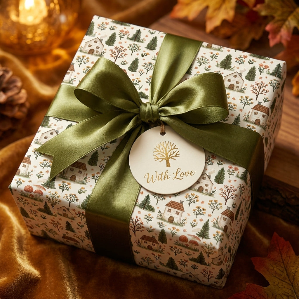 Rustic forest wrapping paper with cabin pattern and green satin bow on a holiday gift by Wrapped Studios.