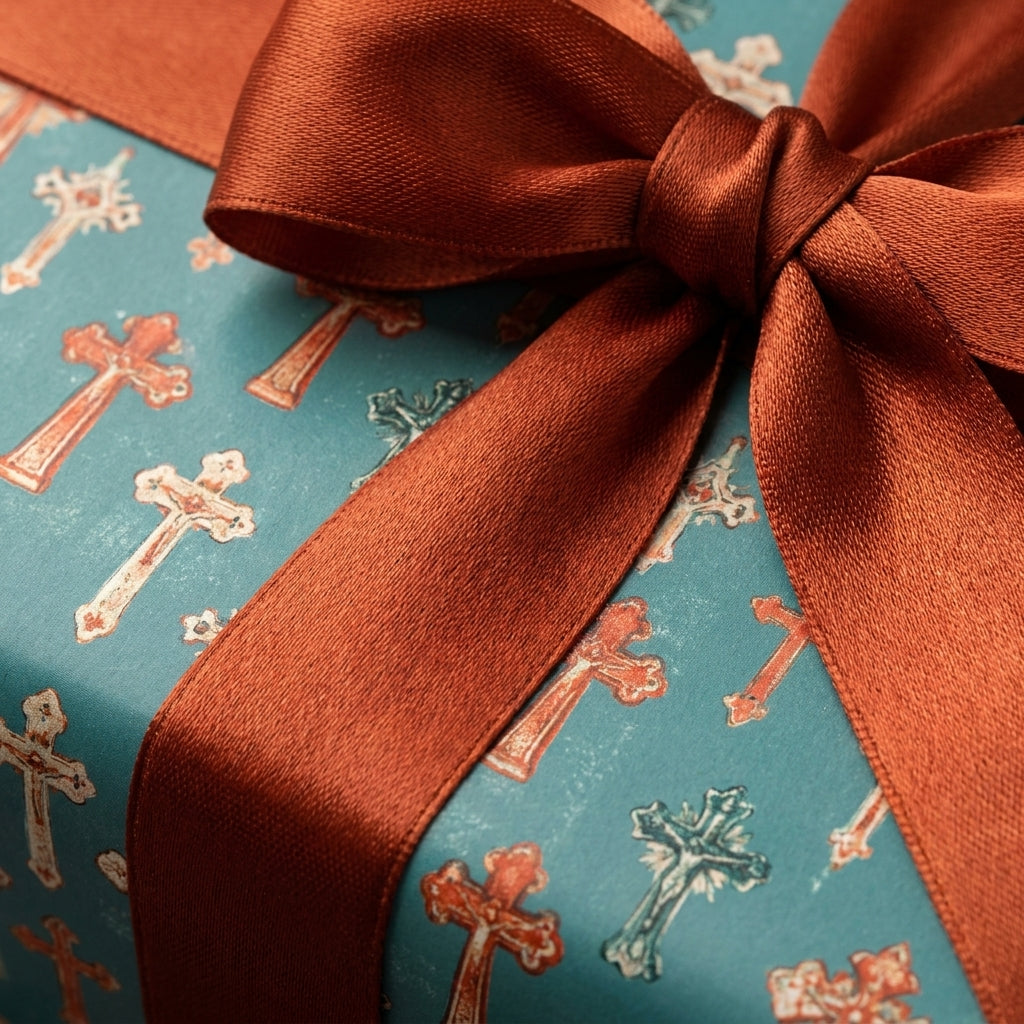 Christian cross wrapping paper in teal with a rust satin bow for baptism or christening by Wrapped Studios.