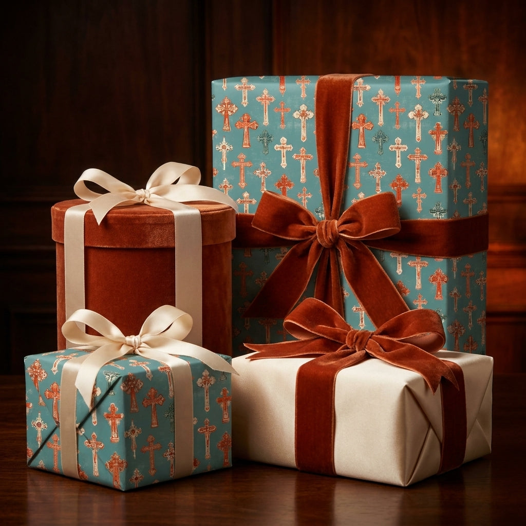 Christian cross wrapping paper in teal and copper with elegant velvet ribbons by Wrapped Studios.