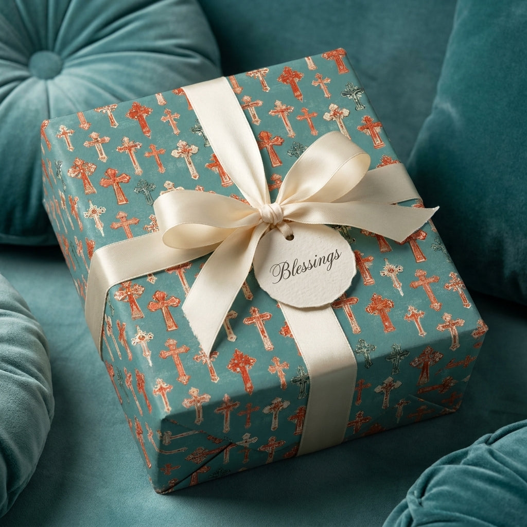 Christian cross baptism wrapping paper with an ivory satin bow and Blessings tag by Wrapped Studios.