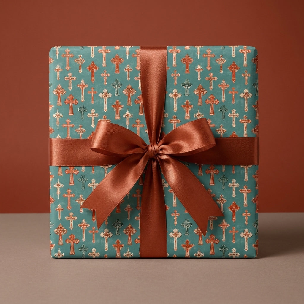 Teal Christian wrapping paper with vintage cross pattern and copper satin bow by Wrapped Studios.