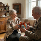 Elderly couple with a gift in vintage teal wrapping paper and orange velvet ribbon by Wrapped Studios.