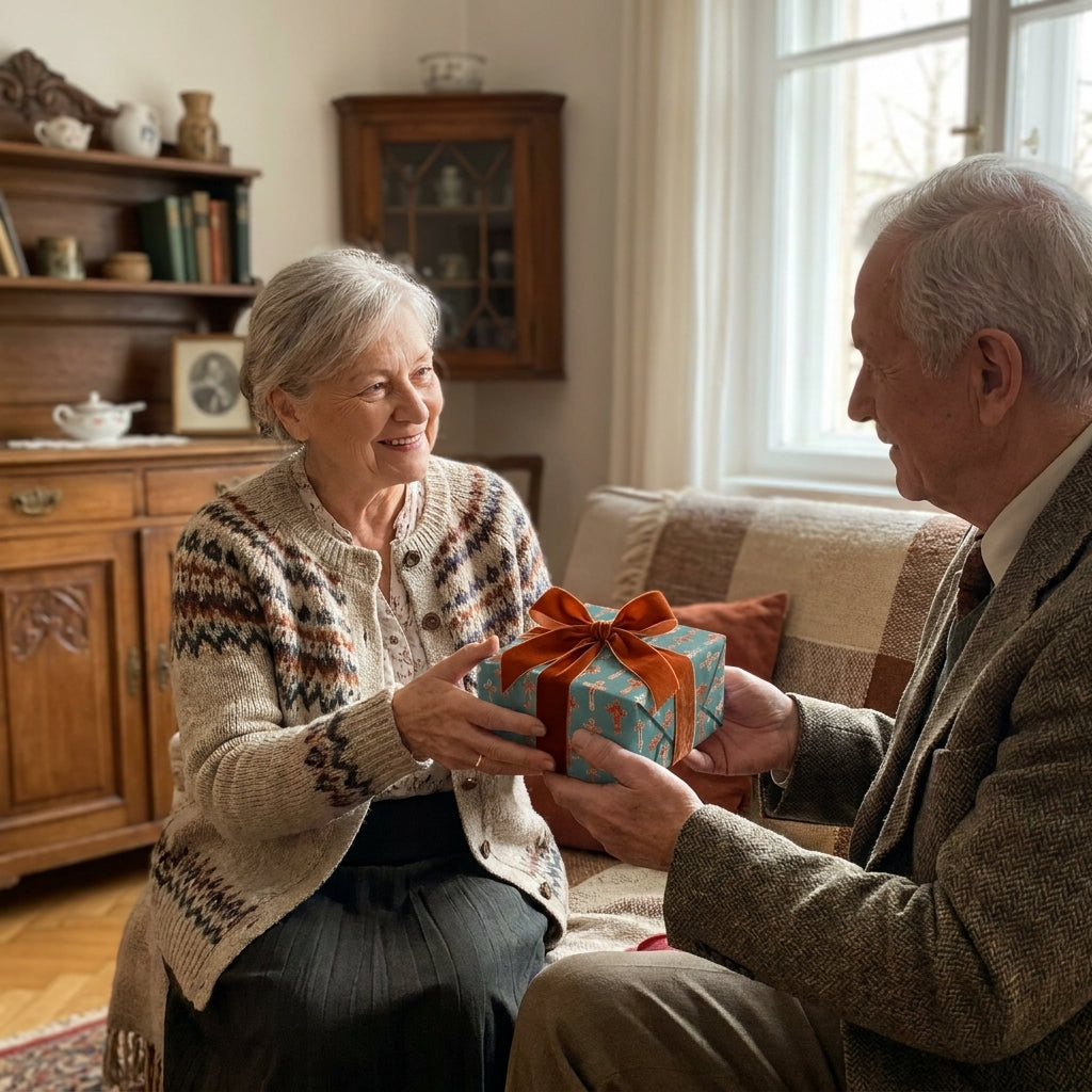 Elderly couple with a gift in vintage teal wrapping paper and orange velvet ribbon by Wrapped Studios.