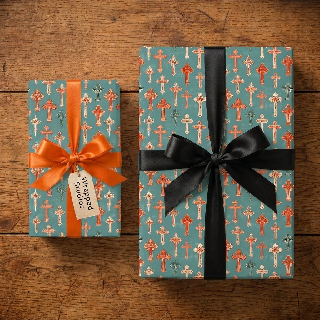 Teal religious cross wrapping paper with elegant satin bows on gifts by Wrapped Studios.