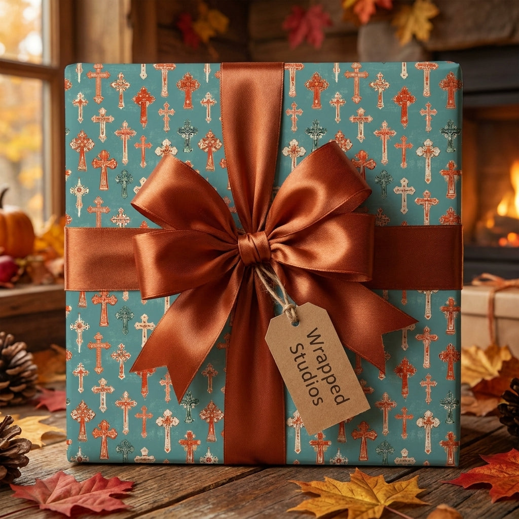 Teal and terracotta Christian cross wrapping paper with a brown satin bow by Wrapped Studios.