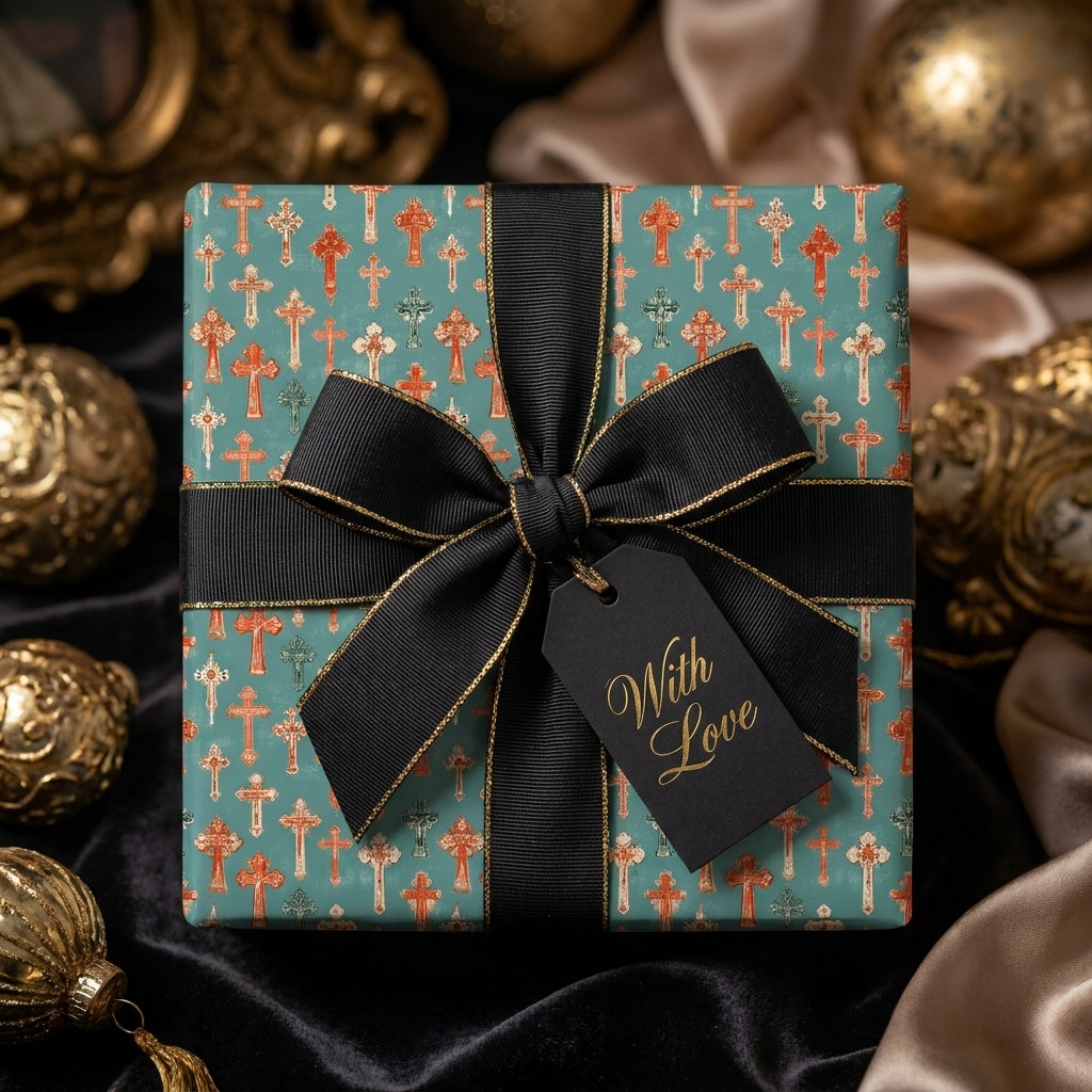 Teal Christian gift wrap with a cross pattern, black ribbon, and "With Love" tag by Wrapped Studios.