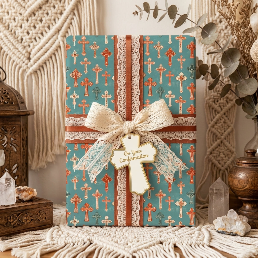 Teal Christian confirmation wrapping paper with cross pattern and lace bow by Wrapped Studios.