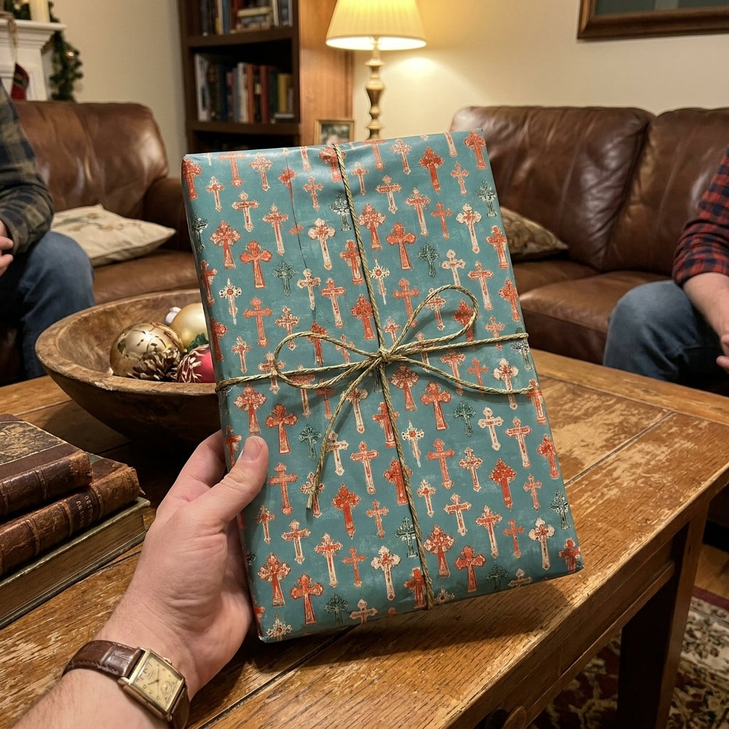 Religious Christmas gift wrap with cross pattern on teal, tied with twine by Wrapped Studios.