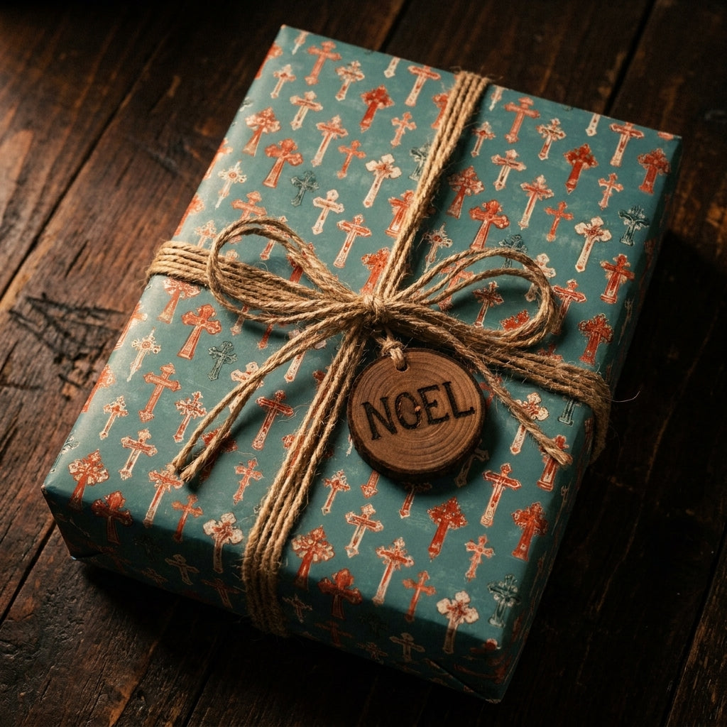 Teal religious Christmas wrapping paper with cross pattern, twine, and Noel tag by Wrapped Studios.