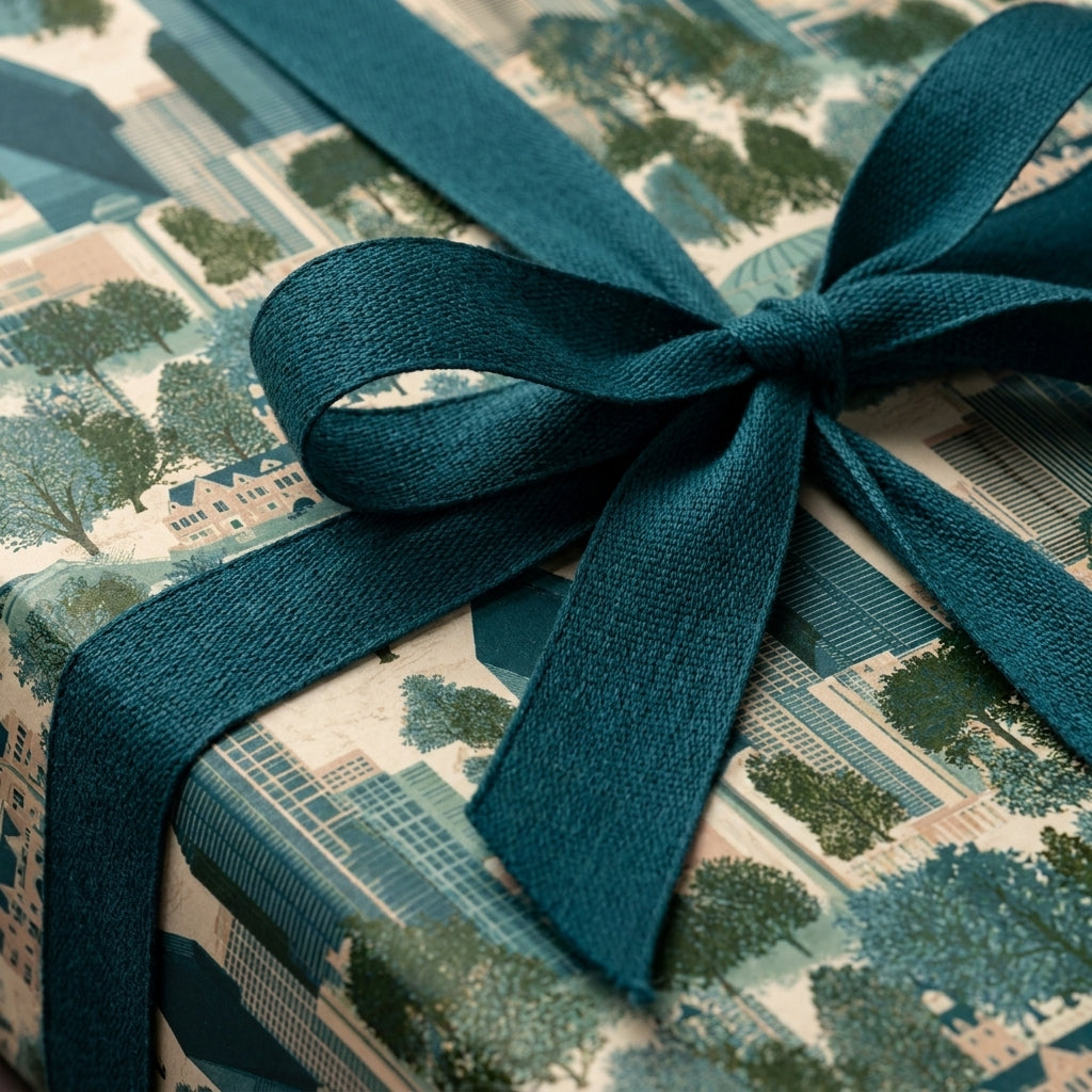 Luxury cityscape wrapping paper with a textured teal ribbon bow, by Wrapped Studios.
