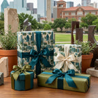 Dallas skyline wrapping paper in teal and green with luxury satin bows by Wrapped Studios.
