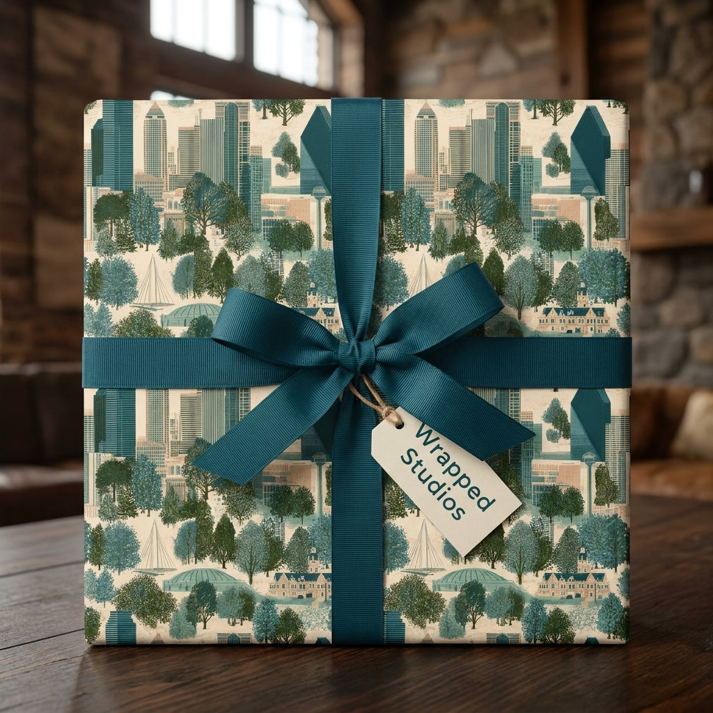 Vintage city skyline wrapping paper with teal ribbon and Wrapped Studios gift tag.