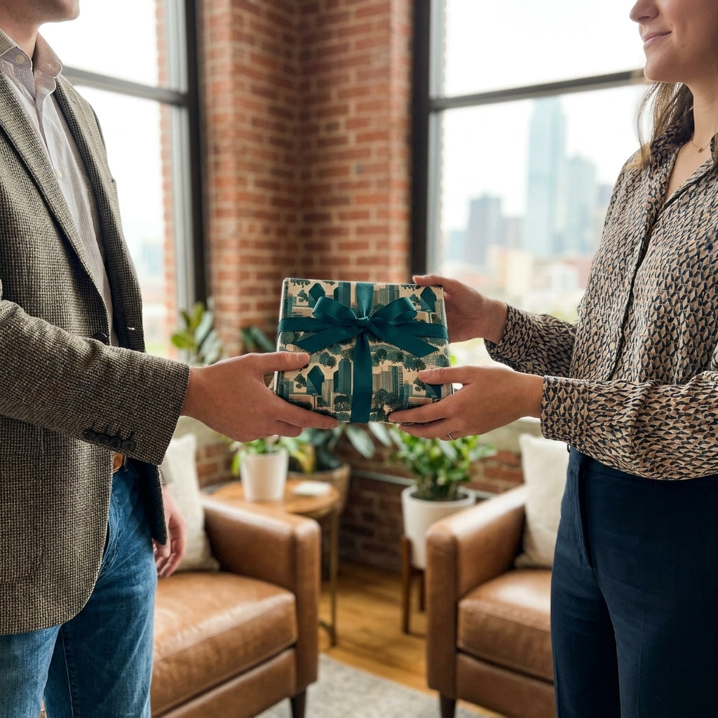 Modern city skyline luxury gift wrap with teal bow by Wrapped Studios, being exchanged as a gift.
