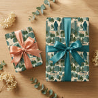Modern green cityscape wrapping paper with peach and teal satin bows on gift boxes by Wrapped Studios.