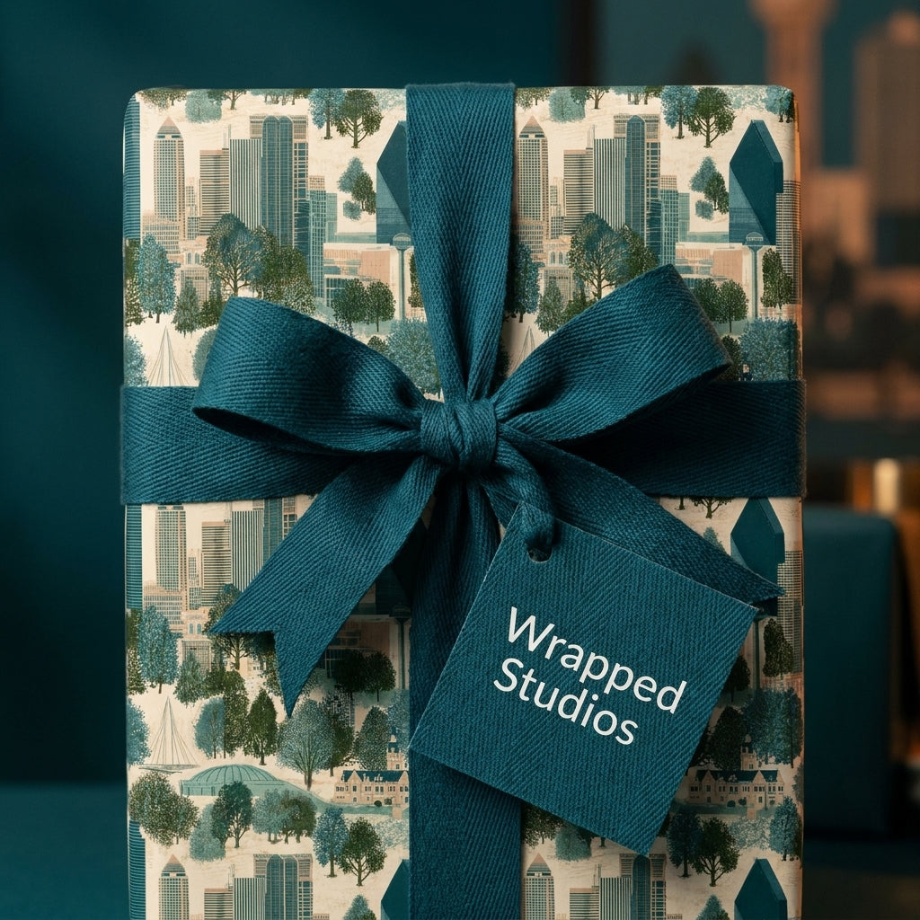 Modern city skyline wrapping paper with a teal ribbon bow and gift tag by Wrapped Studios.
