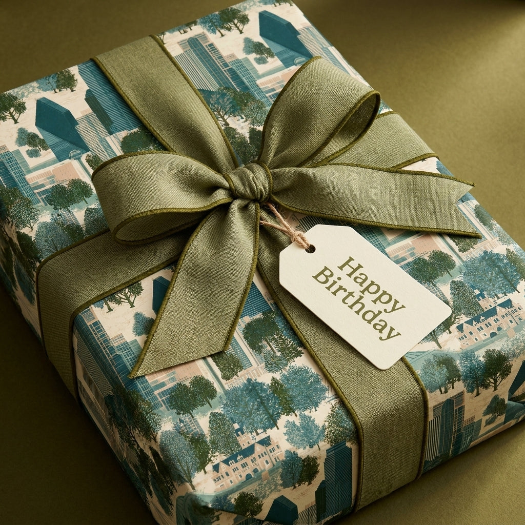 Luxury green birthday wrapping paper with cityscape pattern and sage ribbon by Wrapped Studios.