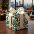 Luxury city skyline wrapping paper in green and cream with a satin bow by Wrapped Studios.