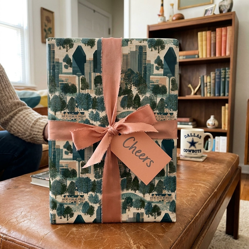 Dallas cityscape wrapping paper with a dusty rose ribbon and tag by Wrapped Studios.