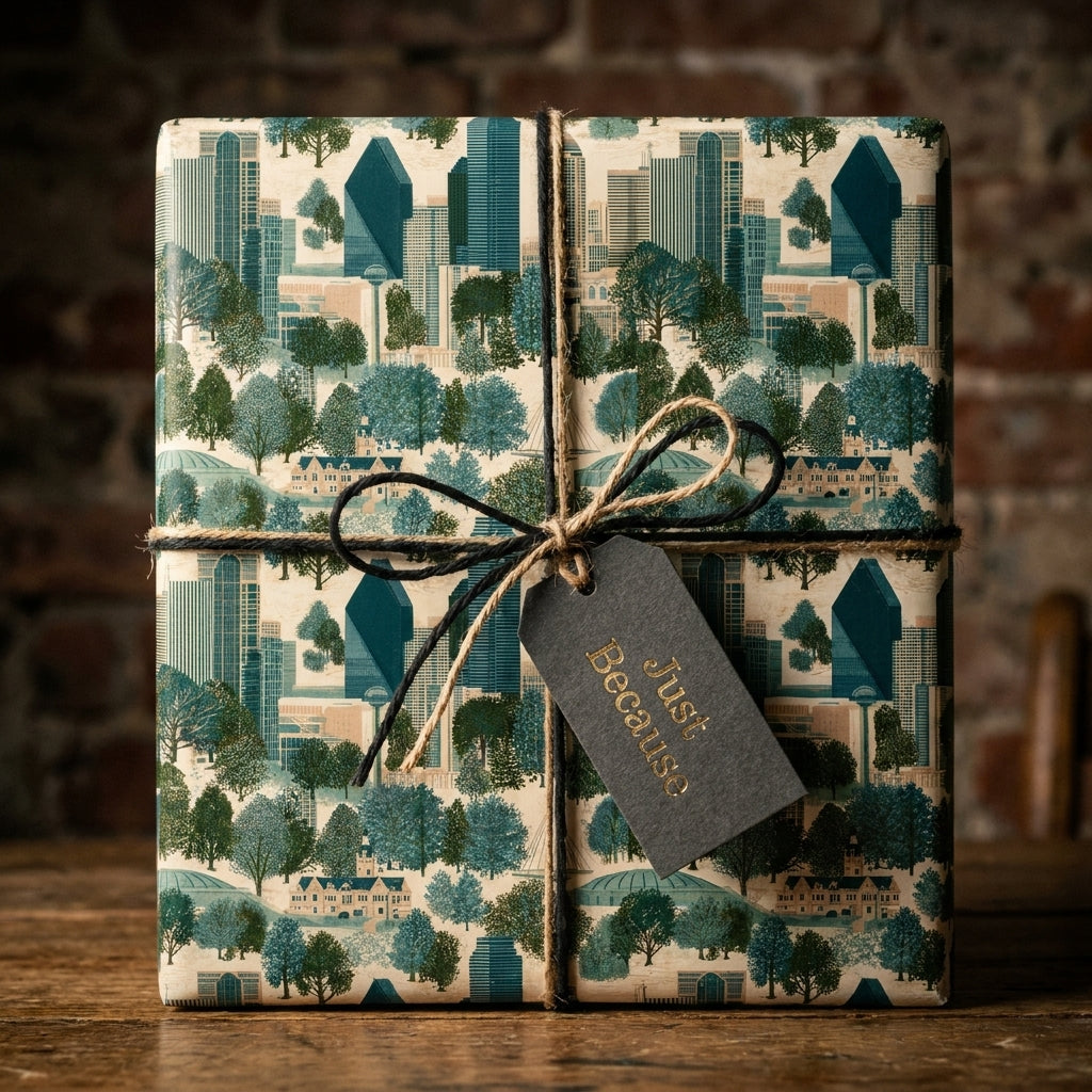 Dallas city skyline wrapping paper by Wrapped Studios with a rustic twine bow and gift tag.