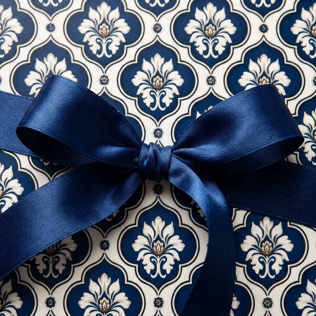 Elegant navy blue and cream damask wrapping paper tied with a satin bow, luxury gift wrap by Wrapped Studios.