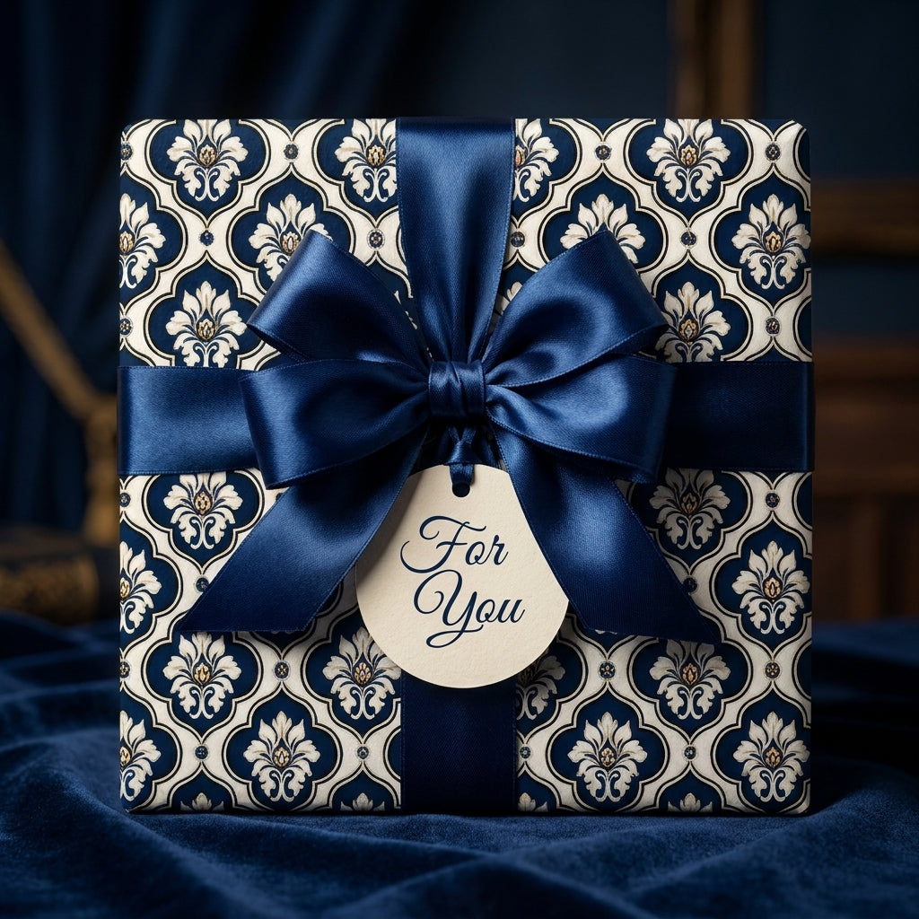 Luxury navy blue damask wrapping paper with a satin bow and gift tag by Wrapped Studios.