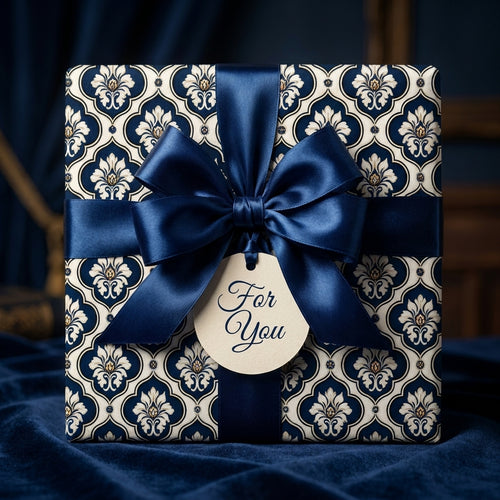 Luxury navy blue damask wrapping paper with a satin bow and gift tag by Wrapped Studios.