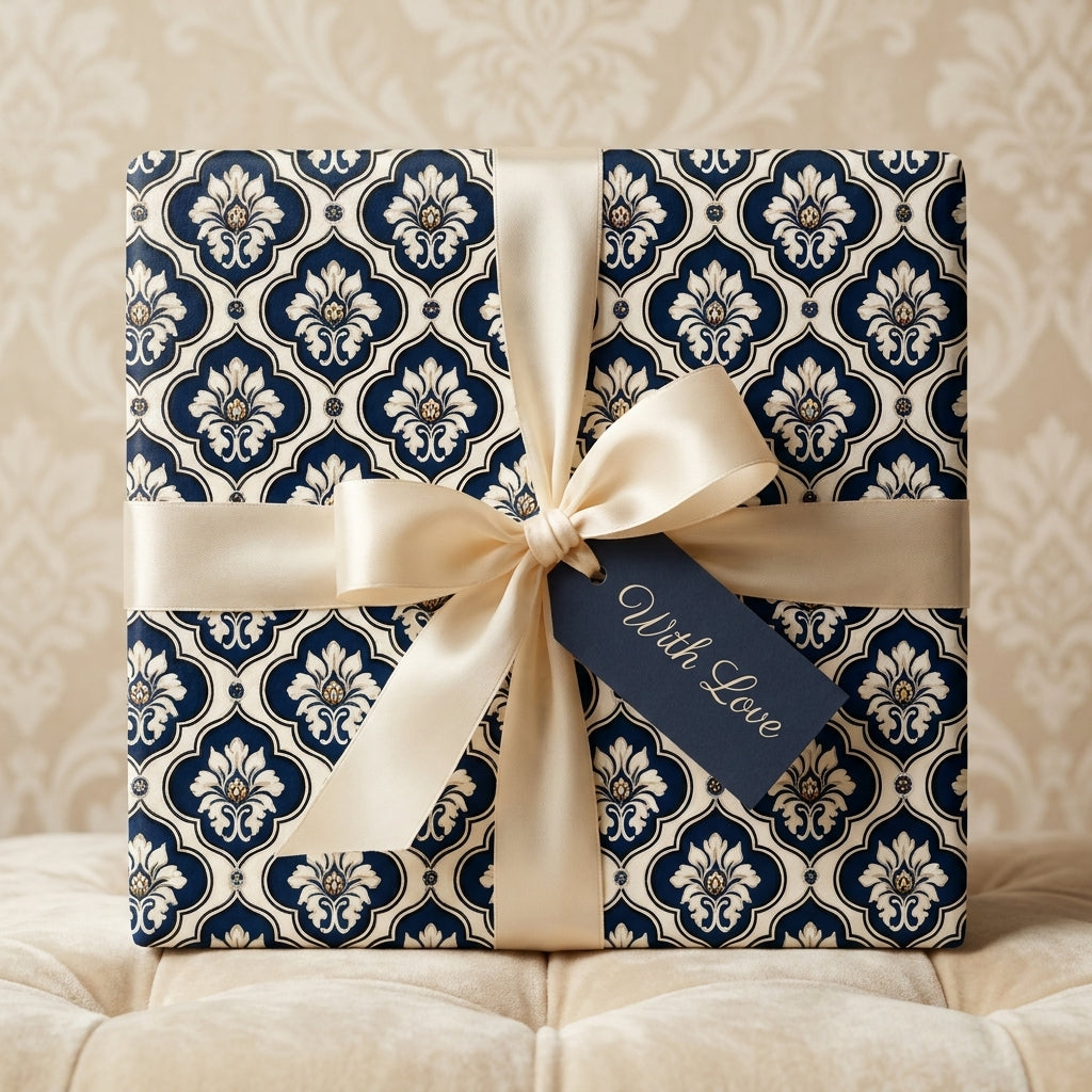 Luxury navy blue damask wrapping paper with a cream satin ribbon bow by Wrapped Studios.