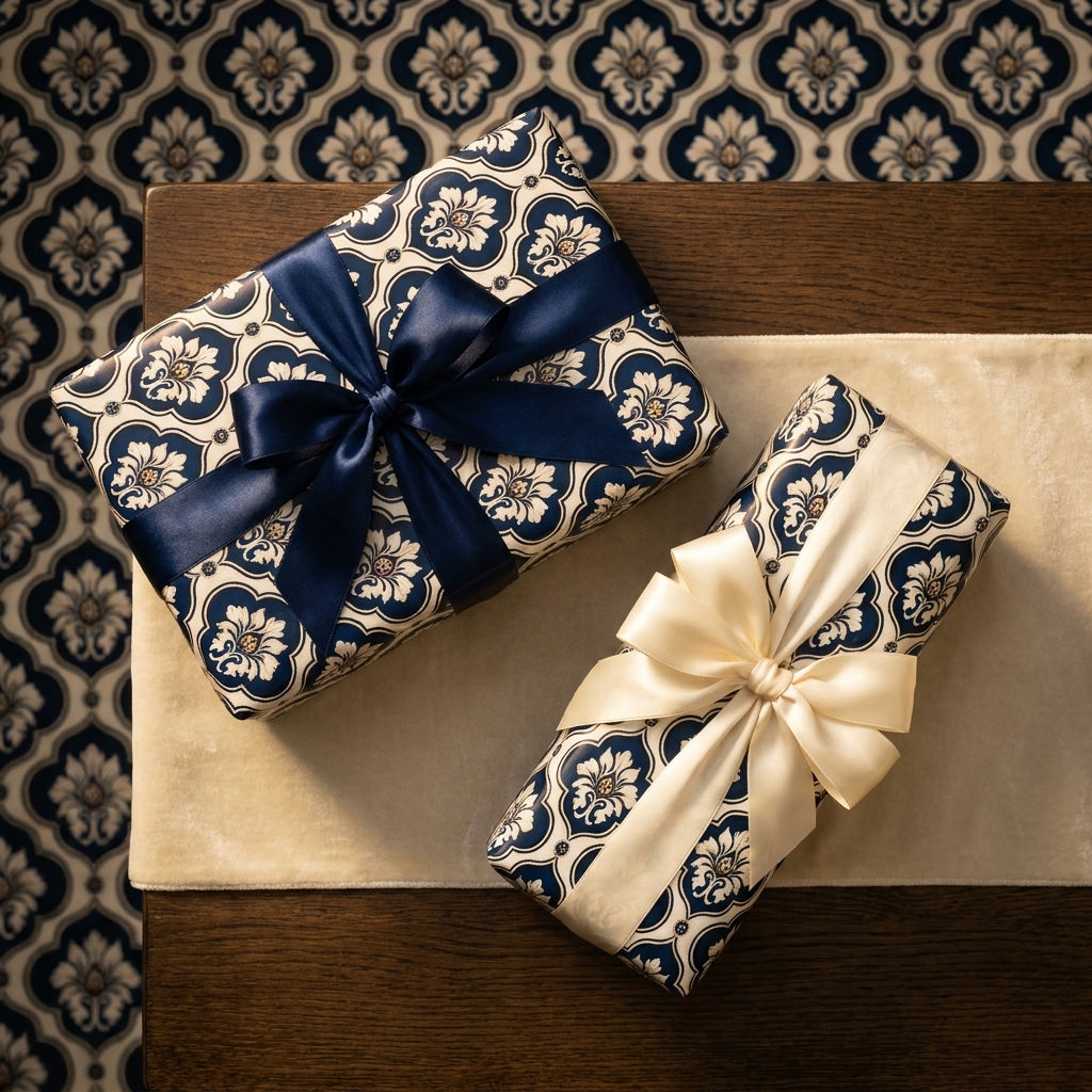 Luxury navy blue vintage floral wrapping paper with elegant satin bows by Wrapped Studios.