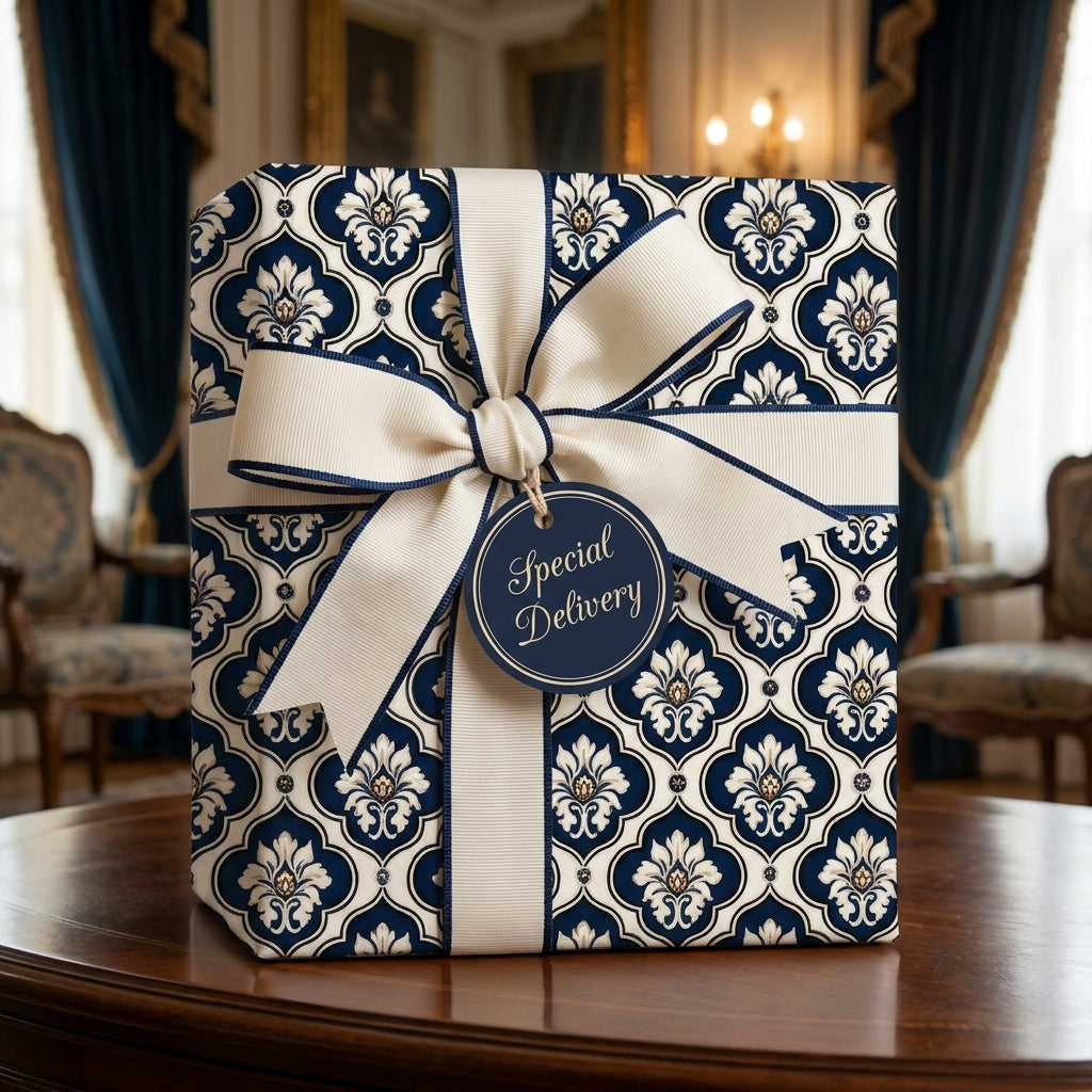Elegant navy damask wrapping paper with a cream bow and gift tag, by Wrapped Studios.
