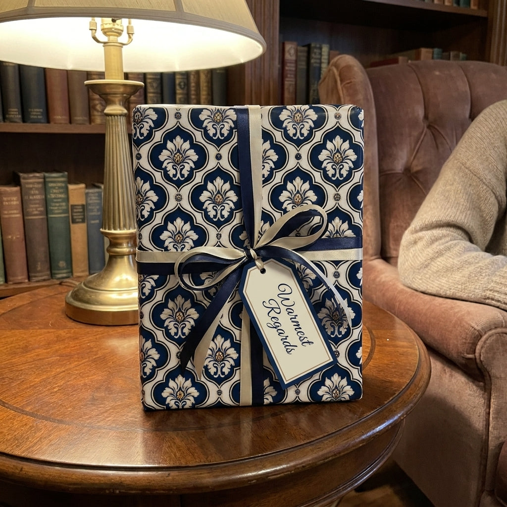 Luxury blue damask wrapping paper by Wrapped Studios on a gift with a navy and cream ribbon.